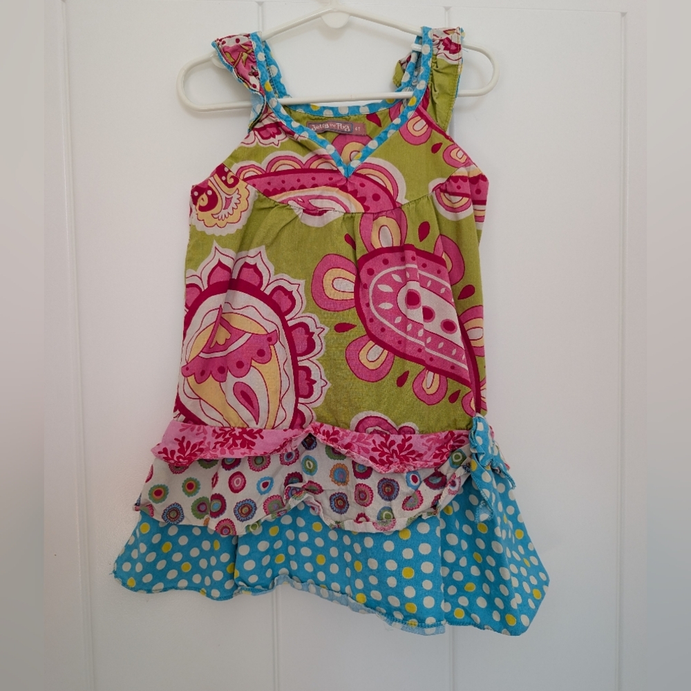Jelly The Pug 4T Girls Paisley Twirly Girl Ruffle Tank Dress - Pink, Green, Blue